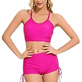 Women's High Waisted Bikini Sets Criss Cross Swimsuits Top with Drawstring Boyshorts Two Piece Tummy Control Bathing Suit