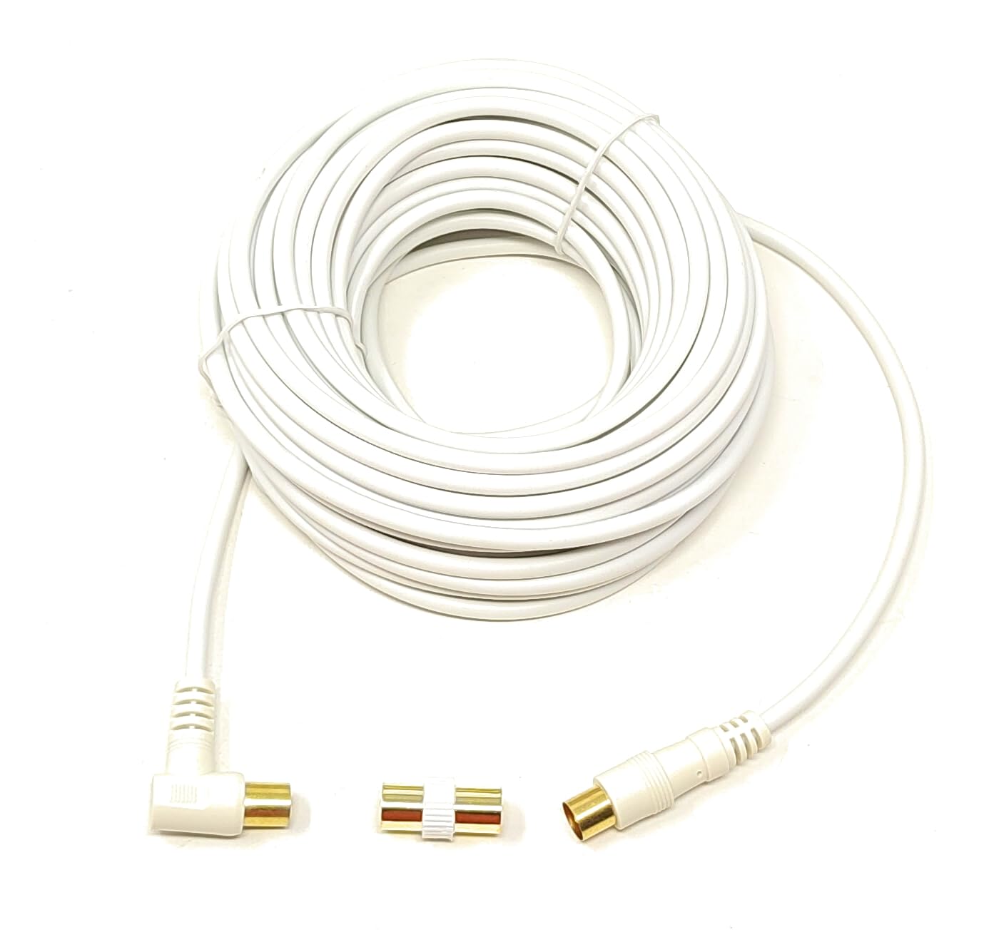 15m TV Aerial Coaxial Cable Male to Male, Satellite RF Antenna Coax RG59 Lead Gold Plated Connectors with Female Coupler (Right Angled, White, 15m)
