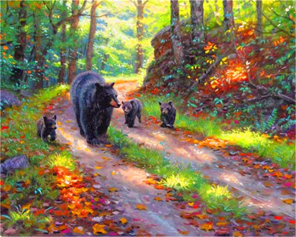 Gofission Paint by Numbers Black Bears Animal Path Trees Grass, 16x20 inch Canvas DIY Number Painting Kits (Black Bear, with Frame)