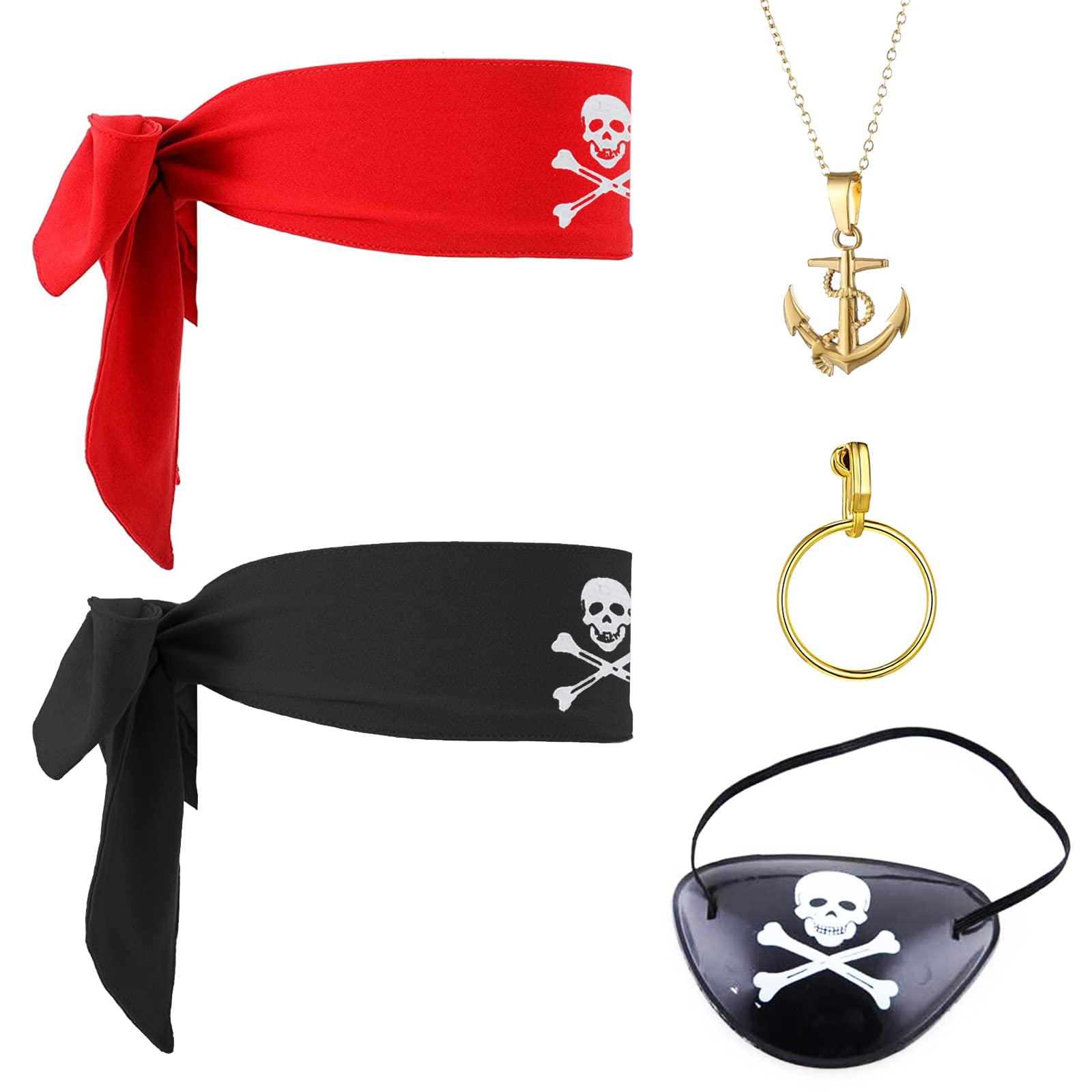 VIKSAUN Pirate Costume Accessories Set - 5 Pieces, Eye Patches, Hoop Earrings, Head Scarf, Vintage Necklace, Captain Dress Up Set for Halloween and Pirate Party