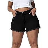 Gocolloa Women Plus Size Jean Shorts Sexy Stretchy High Waisted Frayed Raw Hem Denim Shorts