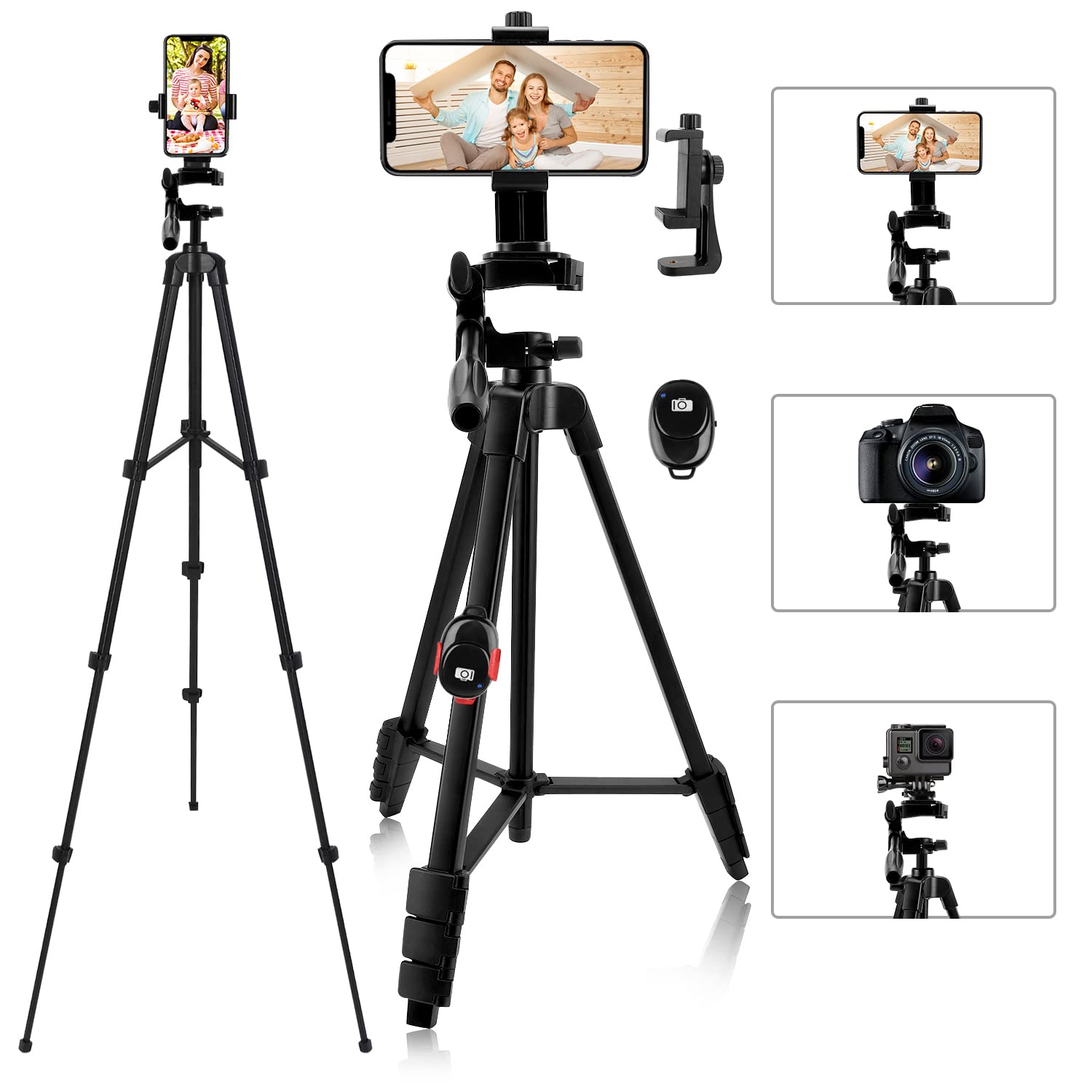 teefeet iPhone Tripod, 54" Lightweight Travel Tripod with Phone Holder Adapter/Remote shutter Remote/Carry Bag for Selfie, Video, Live Stream, Vlogging, Facebook, Tiktok (Black)