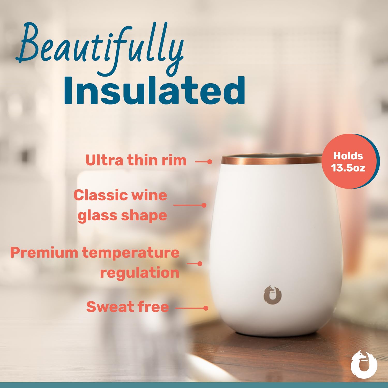 Snowfox Premium Vacuum Insulated Stainless Steel Grand Pinot Wine Glass, Set of 2, Chilled Wine Stays Icy Cold, Stemless Cocktail Glasses, Elegant Home Entertaining, Classic Barware, 13.5 oz, Gold