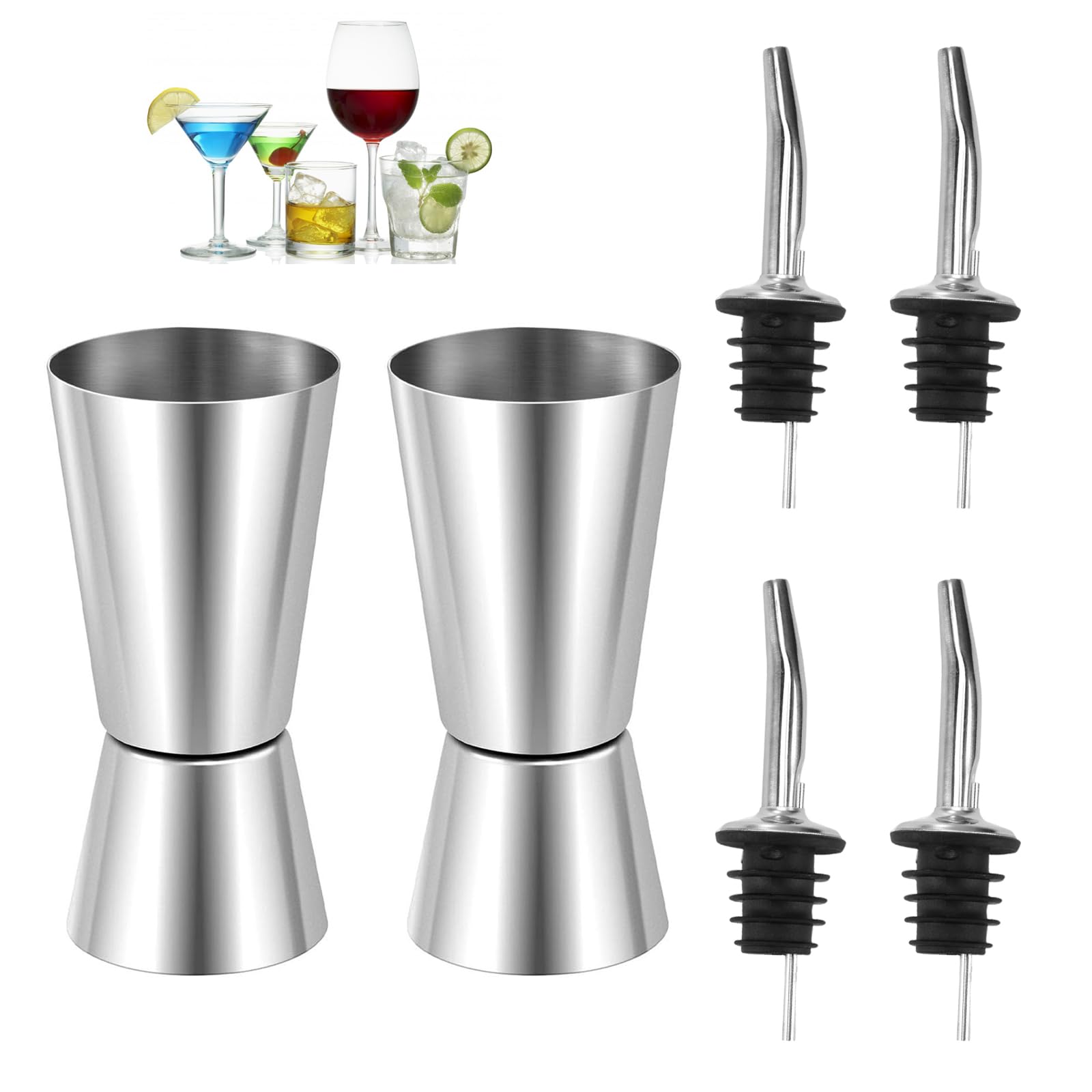 2 Pcs Stainless Steel Double Spirit Measures - 25ml & 50ml with 4Pcs Bottle Pourers