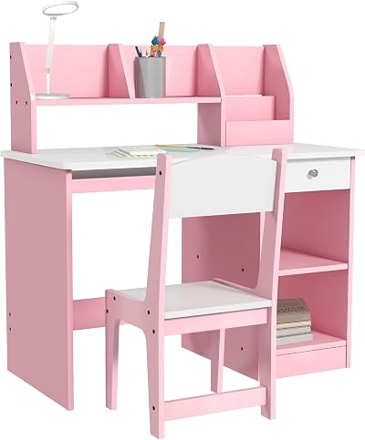 ZONEKIZ Kids Desk and Chair Set Pink with Storage 5-8 Years