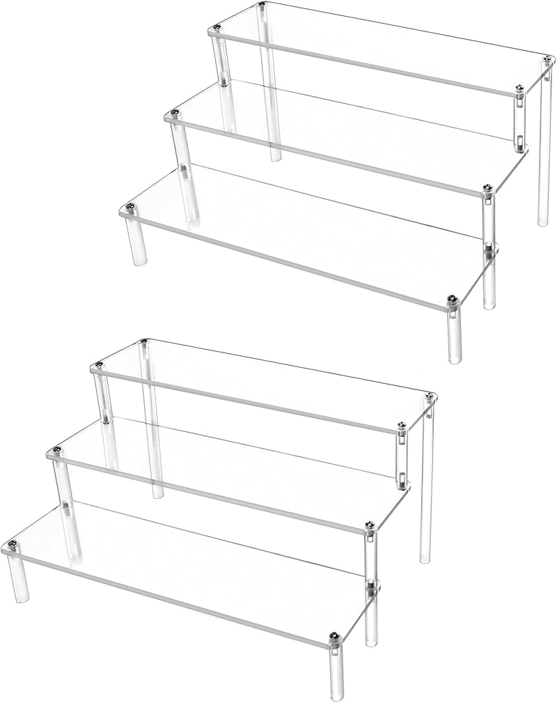 QWORK 2 Pack 3 Tier Clear Acrylic Display Stand 30x21x15cm 4mm Thickened