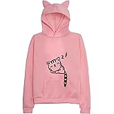 Women Teen Girls Hoodie Sweatshirt With Cute Cat Ear and Sleeping Cat Printed Pullover