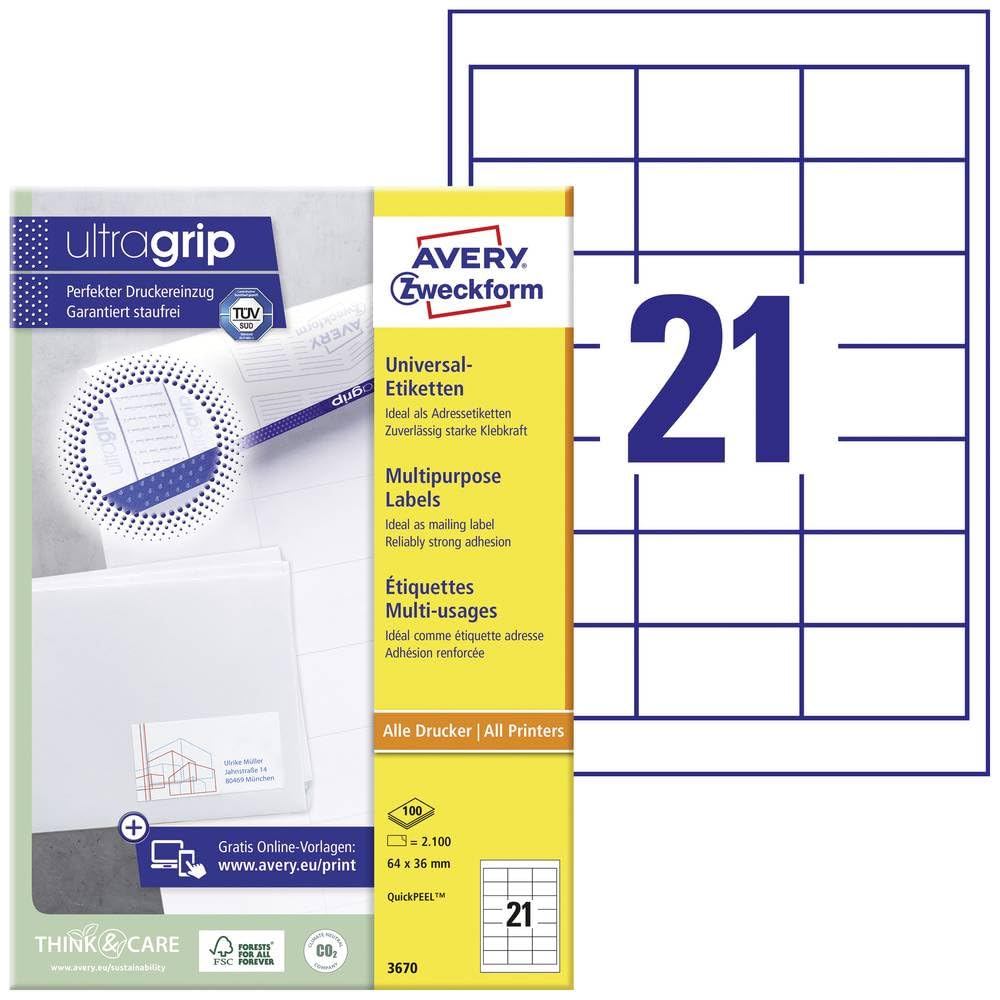 Avery Zweckform 3670 Universal Labels 64x36 mm for Inkjet Laser Copy White