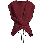 Verdusa Women's Cinched Waist Wrap Top Cap Sleeve Tie Back Going Out Workout Business Casual Tops