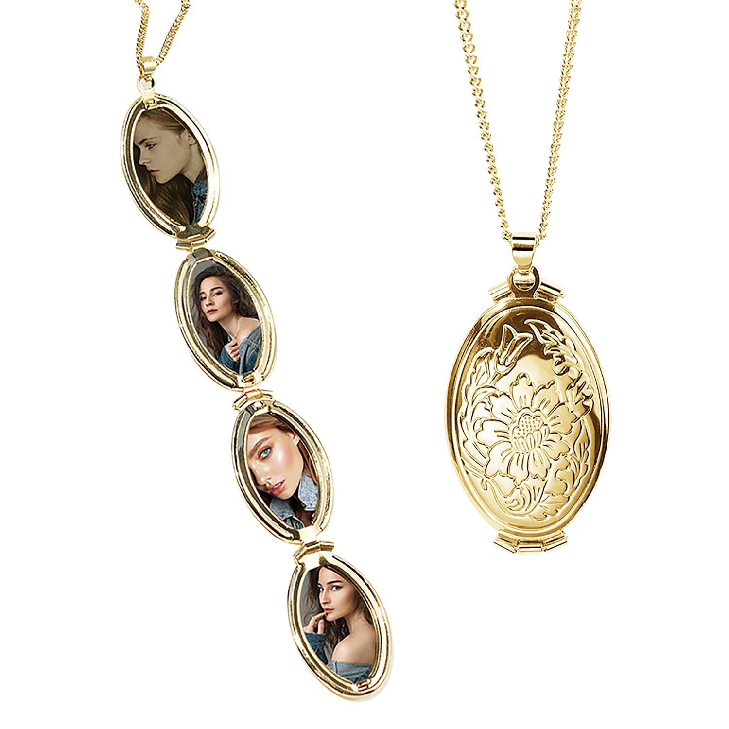 TOFBS Personalized Photo Image Locket Memory Pendant Round Flower Locket Necklace That Holds Picture Custom Necklace Gifts for Women Mom Girldfriend Wife (Gold*4 photo)
