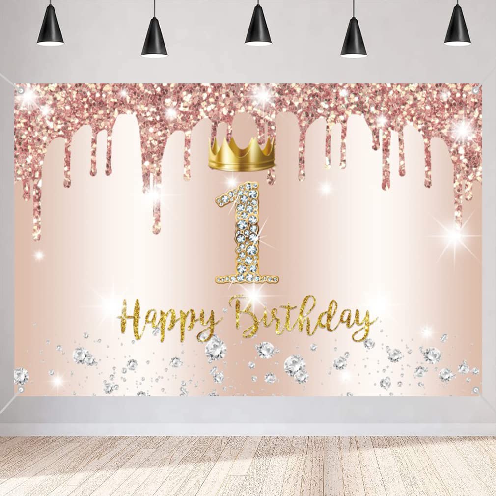1st Birthday Decorations for Girl, Happy 1st Birthday Backdrop Banner, 1 Year Old Fabric Sign Poster Party Deco Rosegold Photo Background Party Supplies, 150cm x 90cm