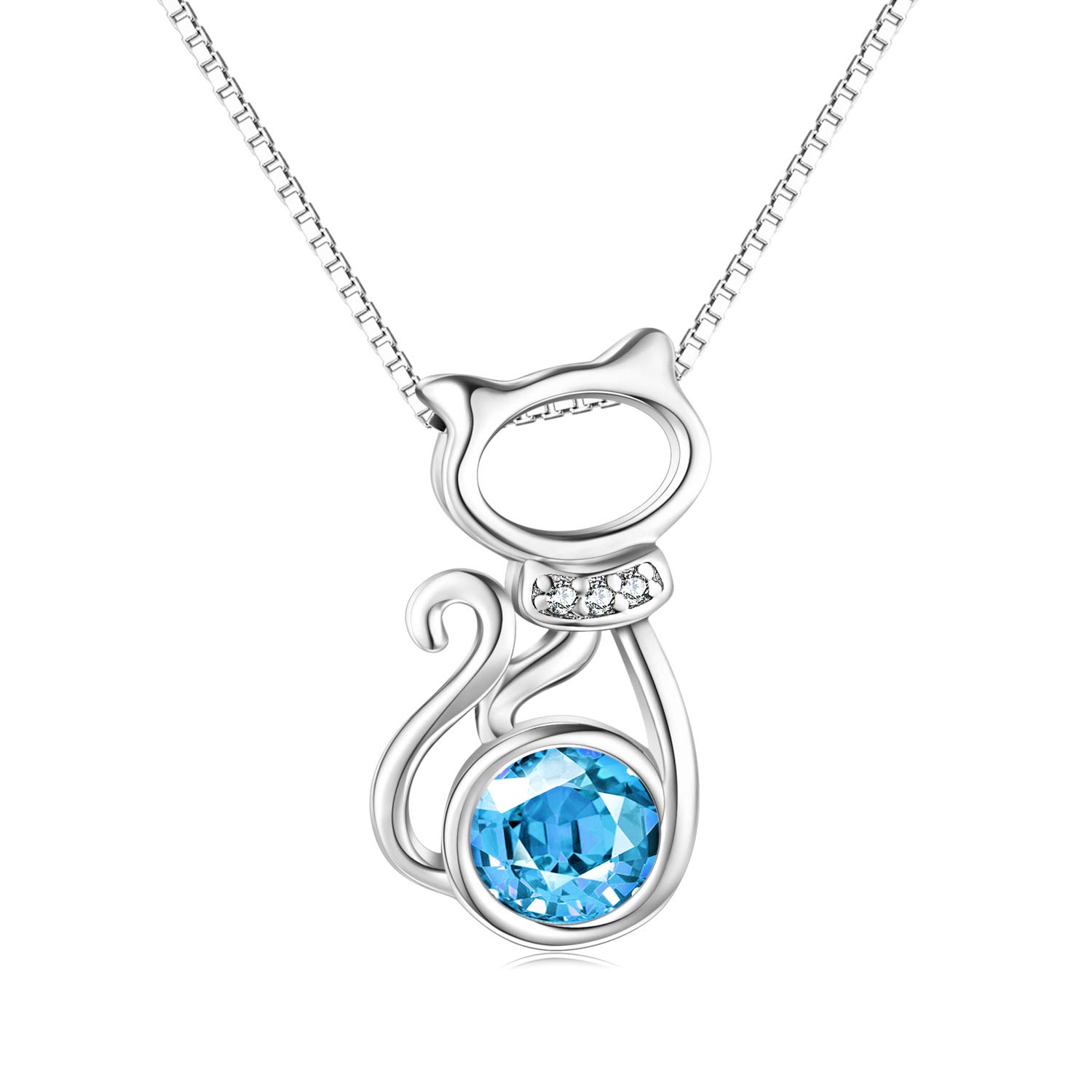 AOBOCO Cat Necklace with Aquamarine Crystal March Birthstone 925 Sterling Silver Cute Animal Necklace Jewelry for Cat Lovers Girls Birthday Gifts