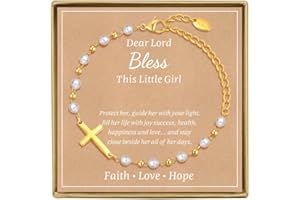 Baby Baptism Cross Bracelet Gift -18k Gold Plated Delicate Pearl Cross Bracelets Kids Daughter Granddaughter Birthday First C