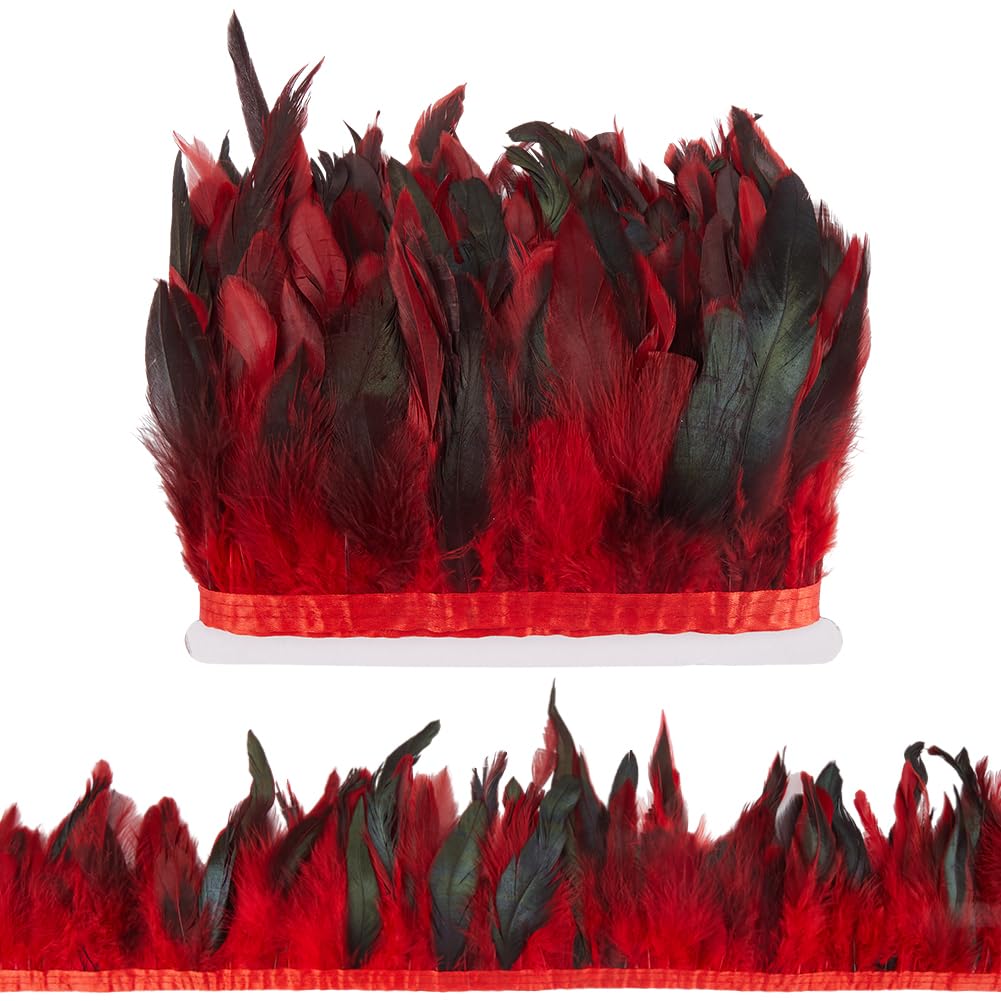 GORGECRAFT 5m Red Rooster Feather Fringe Trim 13-18cm Natural Feather Trimming Decoration Rooster Hackle Feather Trim Ribbon for DIY Cosplay Costume Halloween Carnival Decor Shawl Skirt Accessories