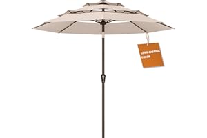 Kingdura 9ft 3-Tier Patio Umbrella, Outdoor Table Umbrella with Easy Crank & Tilt, 8 Reinforced Ribs, UV Protection for Deck, Pool, Market, Backyard (Beige)