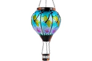 DREAMSKIP Dragonfly Solar Hot Air Balloon Lantern with Flame, Glass Hot Air Balloon Solar Lantern Outdoor Waterproof, Decorative Hanging Hot Air Balloon Solar Light for Outside Garden Patio Yard