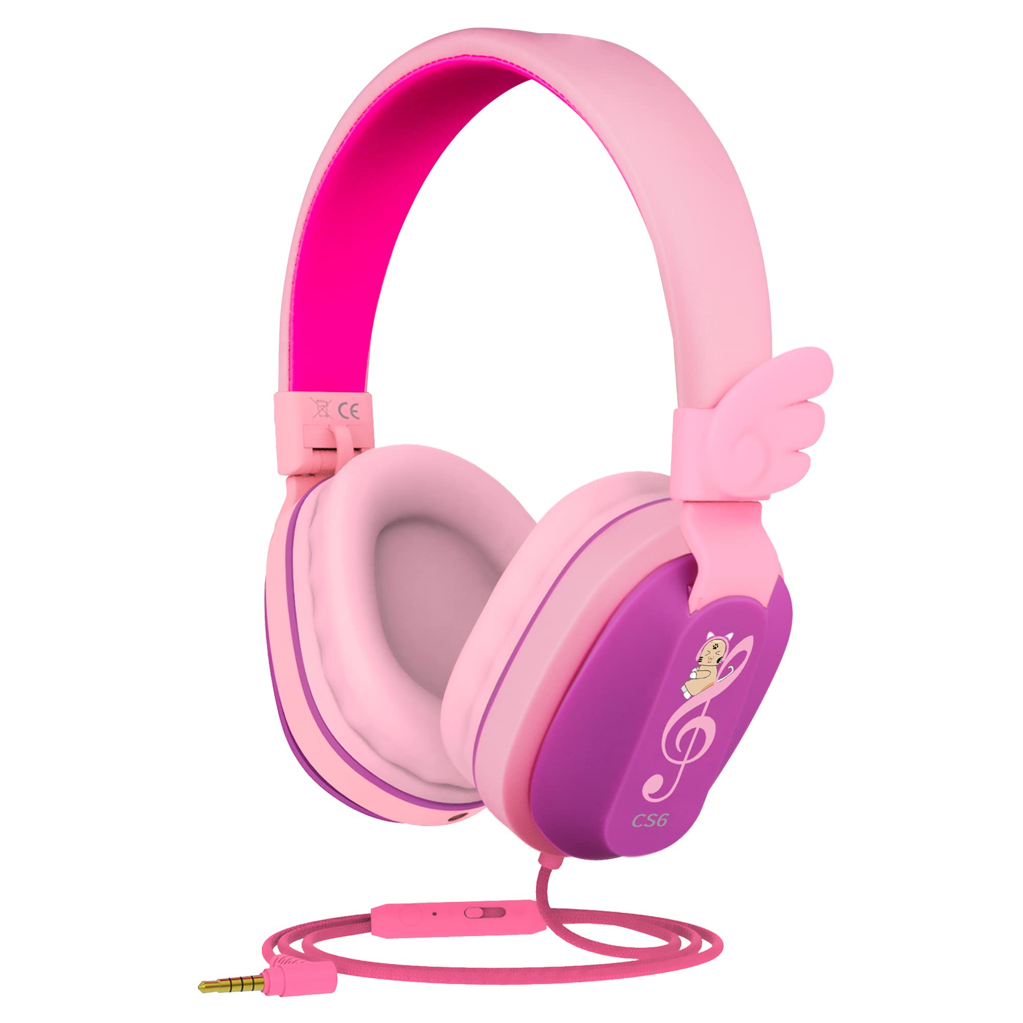 Riwbox Kids Headphones wired, CS6 Lightweight Foldable Stereo Headphones Over Ear Corded Headset Sharing Function with Mic and Volume Control for Phone/PC/Kindle/Tablet (Purple&Pink)