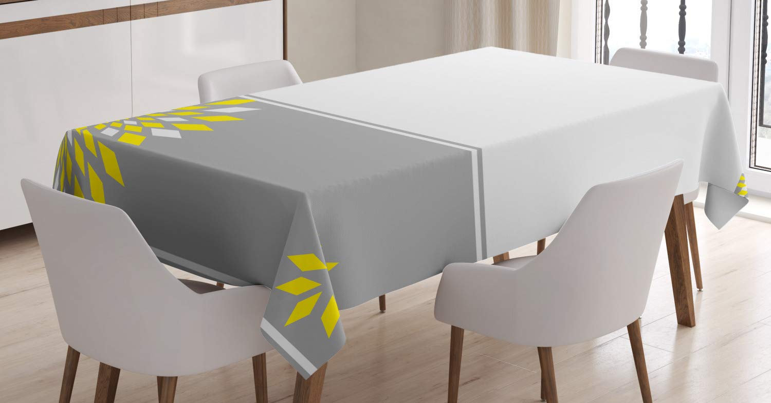 ABAKUHAUS Grey and Yellow Tablecloth, Modern Futuristic Border with Geometric Flower Frame, ining Room Kitchen Rectangular Table Cover, 54 W X 78 L, Pale Grey Marigold