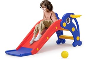 NYEEKOY 3 in 1 Toddler Slide, Baby Slide Plastic Climber Playset with Basketball Hoop and Ball, Indoor and Outdoor Playground for Kids Red