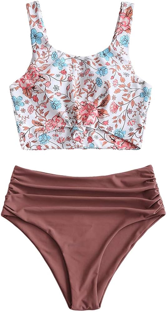 ZAFUL Damen Ribbed Knotted Floral High Waisted Tankini Badeanzug