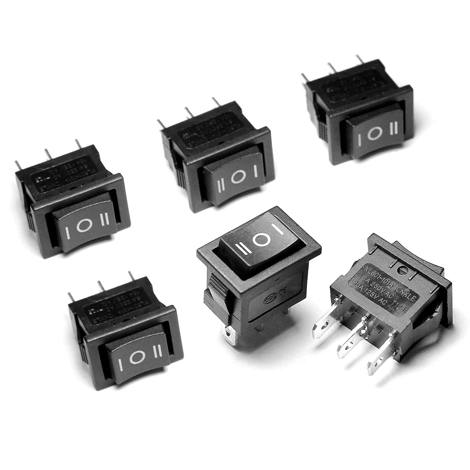 6Pcs Black SPDT Rocker Switch (ON/OFF/ON) - 3 Pin 3 Position, 250V/6A 125V/10A, Snap-in Mount