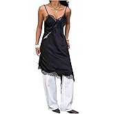 MakeMeChic Women's Lace Satin Asymmetrical Tops Spaghetti Strap Contrast Mini Dress