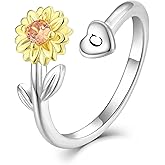 STARCHENIE Sunflower Initial Ring for Women 925 Sterling Silver Letters A-Z 26 Alphabet Adjustable Ring Size 7