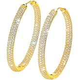 CWWZircons Luxury Cubic Zirconia Big Round Hoop Earrings, White Gold Plated, Clear Crystal Paved, Wedding Engagement Dangle Jewelry for Women