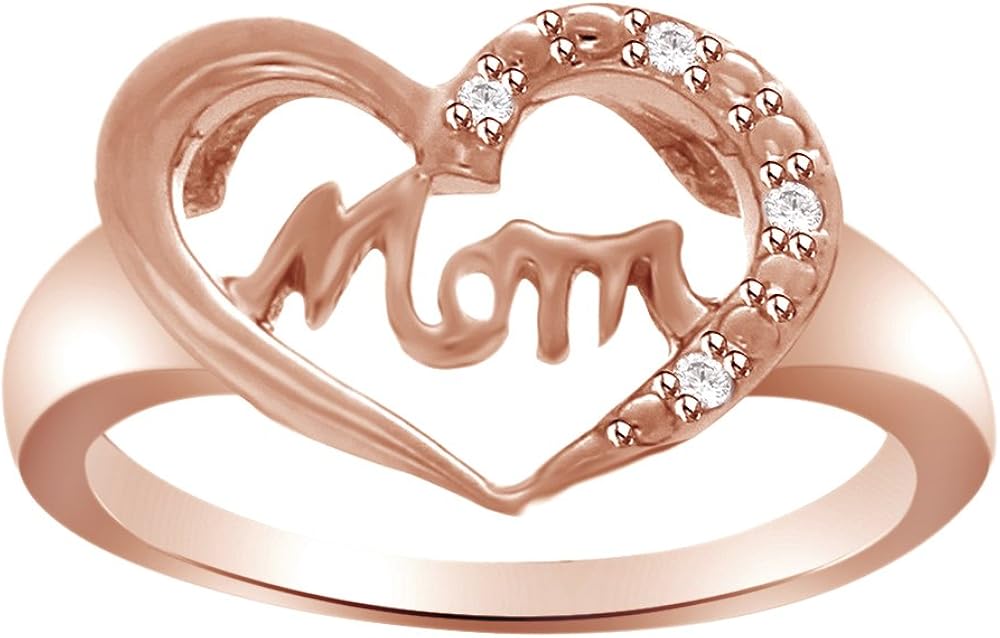 Mothers Day Jewelry Gifts White Natural Diamond Heart Of Mom Ring inRose Gold Over Sterling