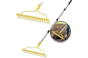 MANXRKUI Garden Rakes for Lawns Heavy Duty, 6 FT Bow Rake for Leaves, 17-Tines Metal Rake with Stainless Steel Handle for Yard Leveling, Landscape, Loosening Soil, Yellow