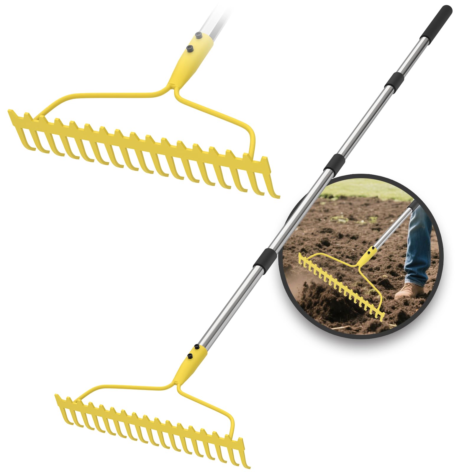 Photo 1 of Garden Rakes for Lawns Heavy Duty, 6 FT Bow Rake for Leaves, 17-Tines Metal Rake with Stainless Steel Handle for Yard Leveling, Landscape, Loosening Soil, Yellow