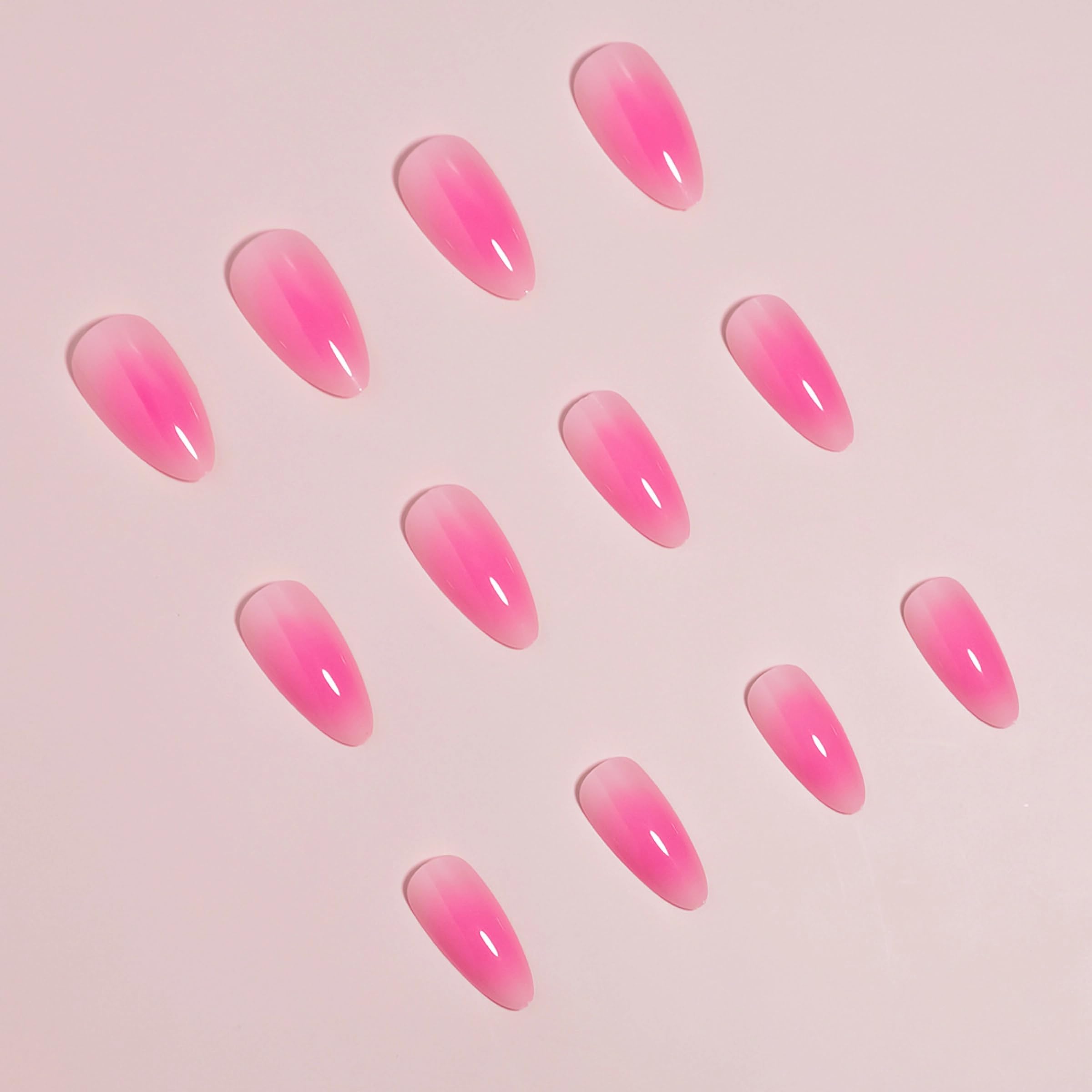 MERVF Almond Press On Nails - Medium Pink Gradient Glue Ons with Aura Design - Stiletto Acrylic Fake Nails - 24pcs Glossy - Image 2