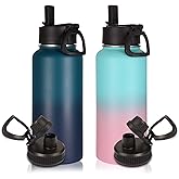Volhoply 32 oz Water Bottles Bulk 2 Pack with Straw Lid & Spout Lid,Insulated Sports Water Bottle,Double Wall Vacuum Stainless Steel Cups,Leakproof Wide Mouth Metal Flask for Travel(Assorted,2)