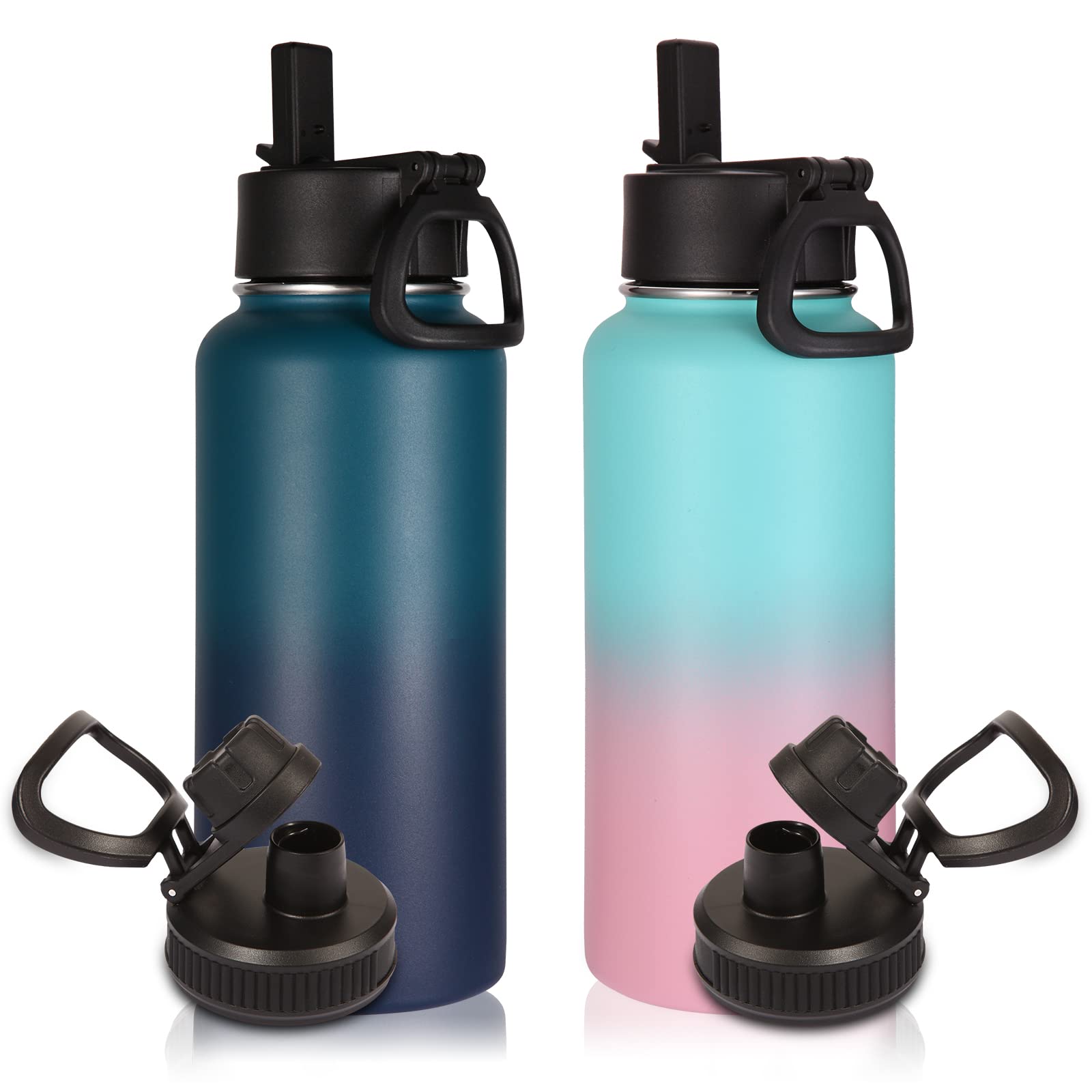 Volhoply 1 Litre Water Bottles Bulk 2 Pack with Straw Lid & Spout Lid,Insulated Sports Water Bottle,Double Wall Vacuum Stainless Steel Tumbler,Leak Proof Wide Mouth Metal Flask for Travel(Assorted,2)