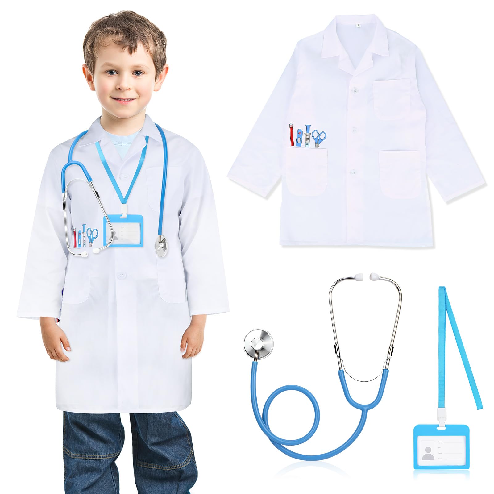 Hifot Doctor Costume Kids,Children White Lab Coat Stethoscope Work Card Holder Doctor Role Play Boys Girls Medical Hospital Staff Dressing Up Costume