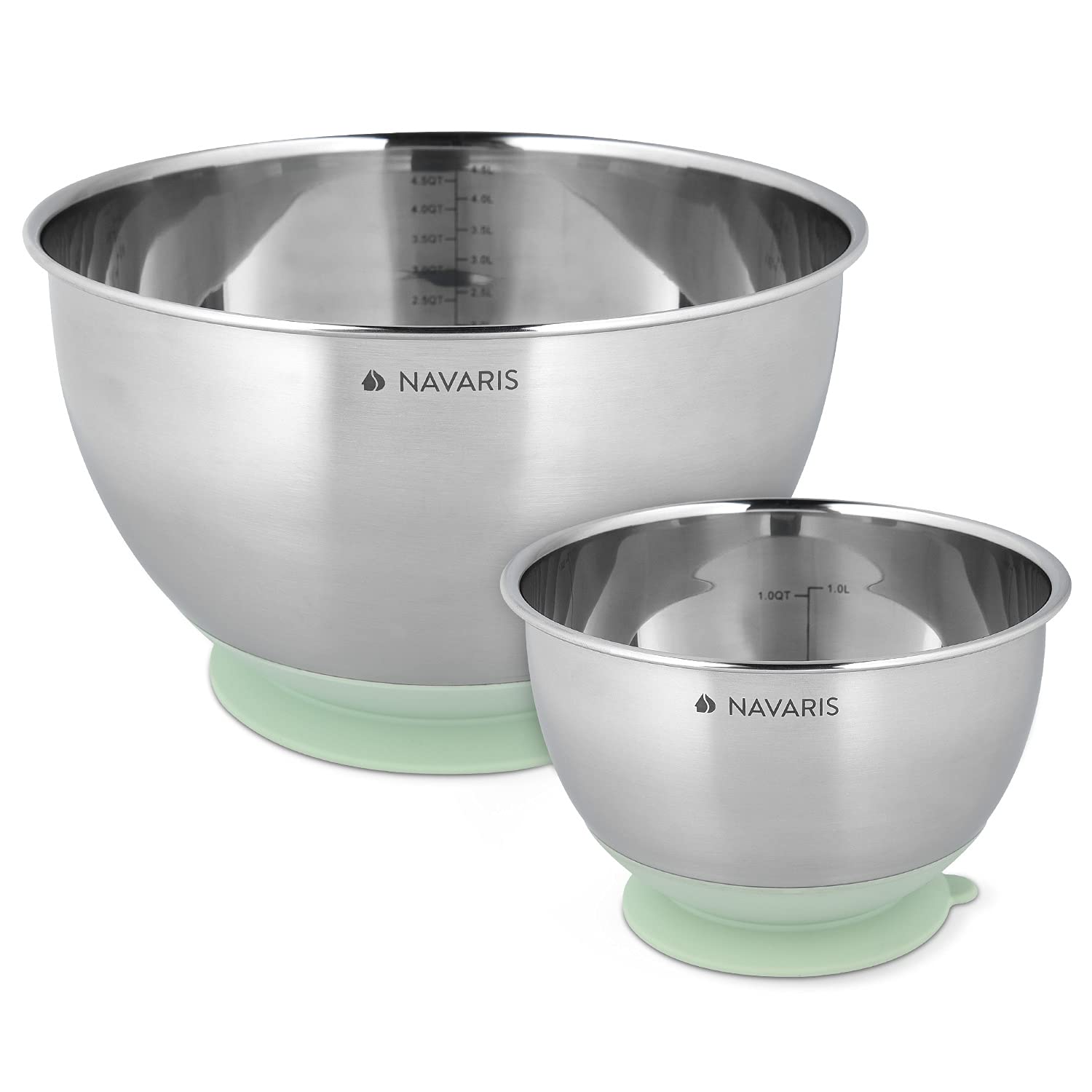 Navaris Stainless Steel Mixing Bowls (Set of 2) - Small and Large Mixing Bowl Set, Silicone Suction Cup Non-Slip Base - 1.4L, 4.7L Baking Bowl Set