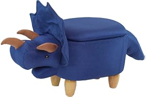 CRITTER SITTERS 15-in. Seat Height Denim Blue Triceratops Dinosaur Animal-Shaped Storage Ottoman for Nursery, Bedroom, and Playroom - CSDNOSTOTT-DNM