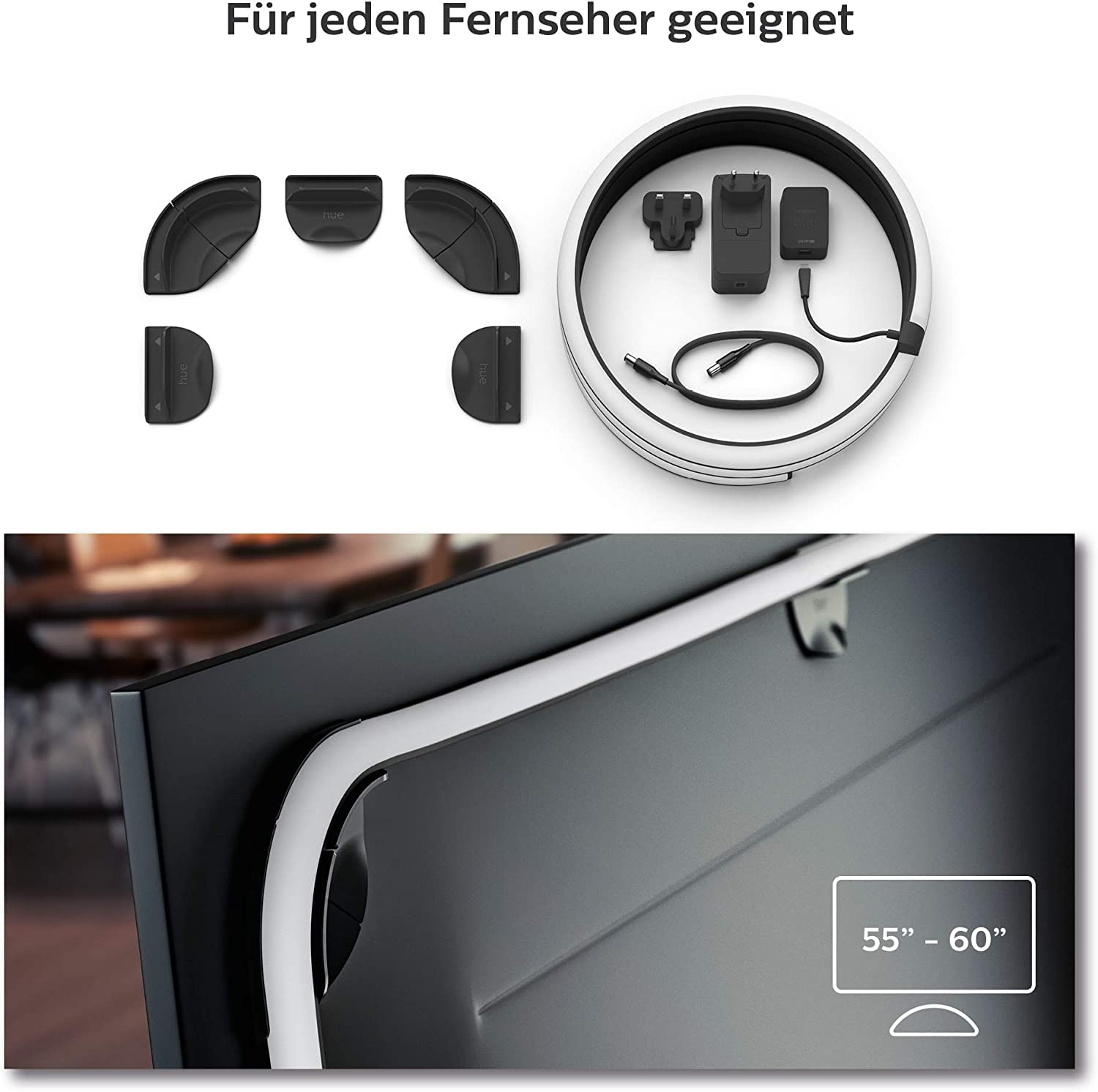 Philips Hue White & Color Ambiance Gradient Lightstrip (55 Zoll), dimmbarer LED Streifen für den Fernseher mit 16 Mio. Farben und Farbverläufen, smarte Heimkino TV Hintergrundbeleuchtung, schwarz 2