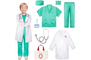 Meland Doctor Costume for Girls - Kids Scrubs with Lab Coat & Carry Bag, Doctor Dress Up for Halloween, Career Day Role Play