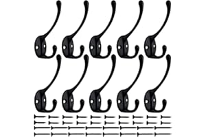 IBosins 10 Pack Heavy Duty Dual Coat Hooks Wall Mounted with 40 Screws Retro Double Hooks Utility Black No Rust Hooks for Coat, Scarf, Bag, Towel, Key, Cap, Cup, Hat (Black)