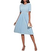 IWFEV Women's Pleated Dress Short Sleeve Maxi Dress Plain Dress with Belt