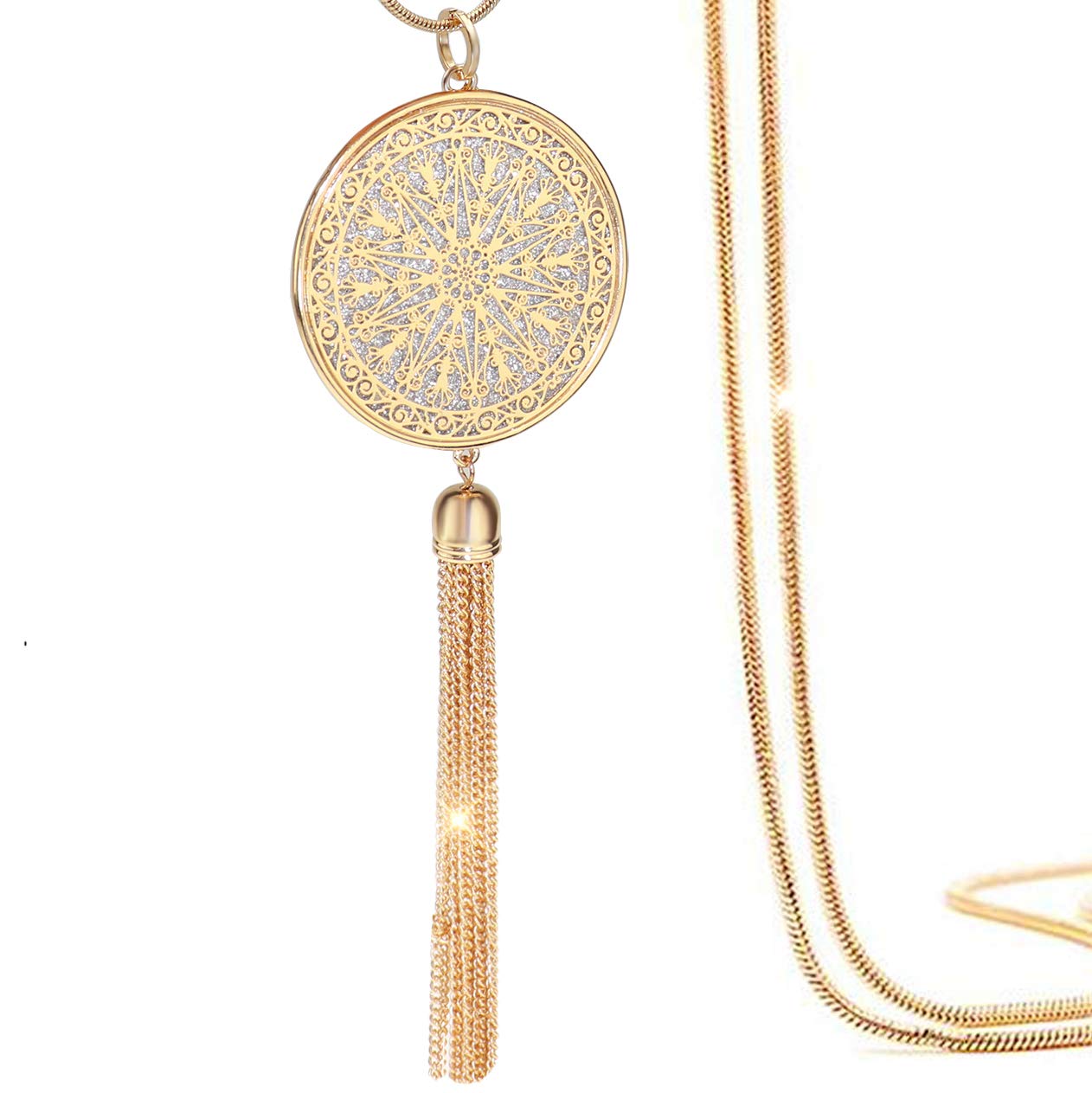 Gleamart Long Necklaces Disk Circle Pendant Tassel Fringe Statement Necklace for Women, 33 pouces, Metal