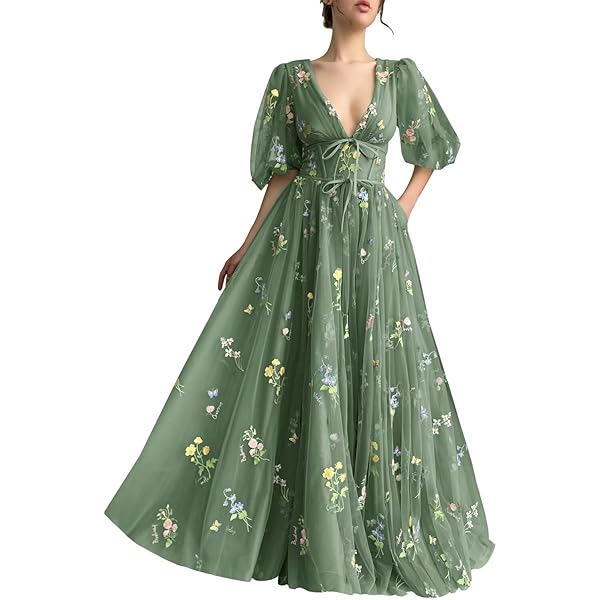 Amazon.com: Flower Embroidery Prom Dresses Long Puffy Sleeve Fair Tulle A  Line Floral Ball Gown Floor Length Formal Evening Party Gowns for Women  Green US 2 : Clothing, Shoes & Jewelry