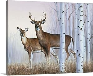 Deer in Birch Woods Canvas Wall Art Print, Deer Artwork