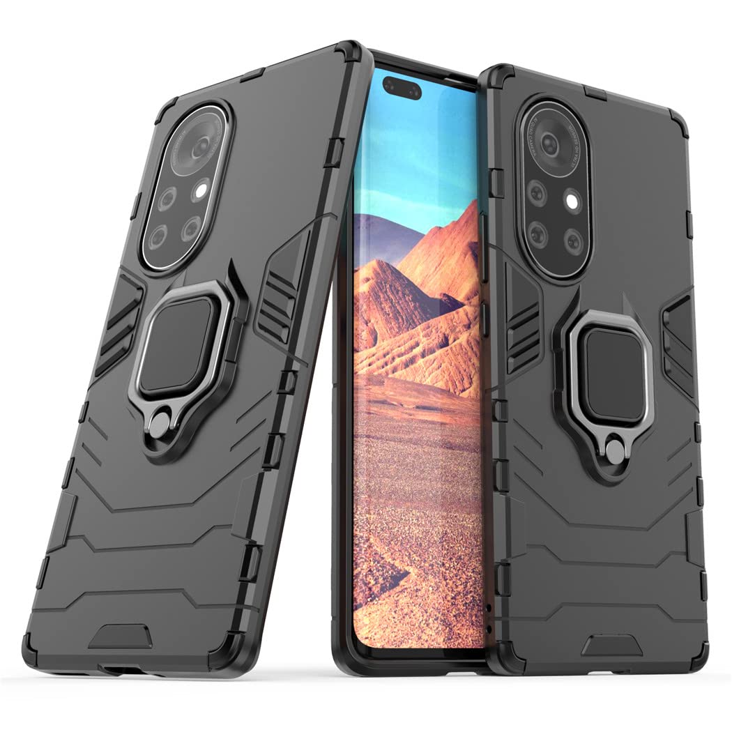 Compatible with Huawei Nova 8 Pro 4G, Nova8 Pro 5G Case, Metal Ring Grip Kickstand Shockproof Hard Bumper (Works with Magnetic Car Mount) Dual Layer Rugged Cover (Black)