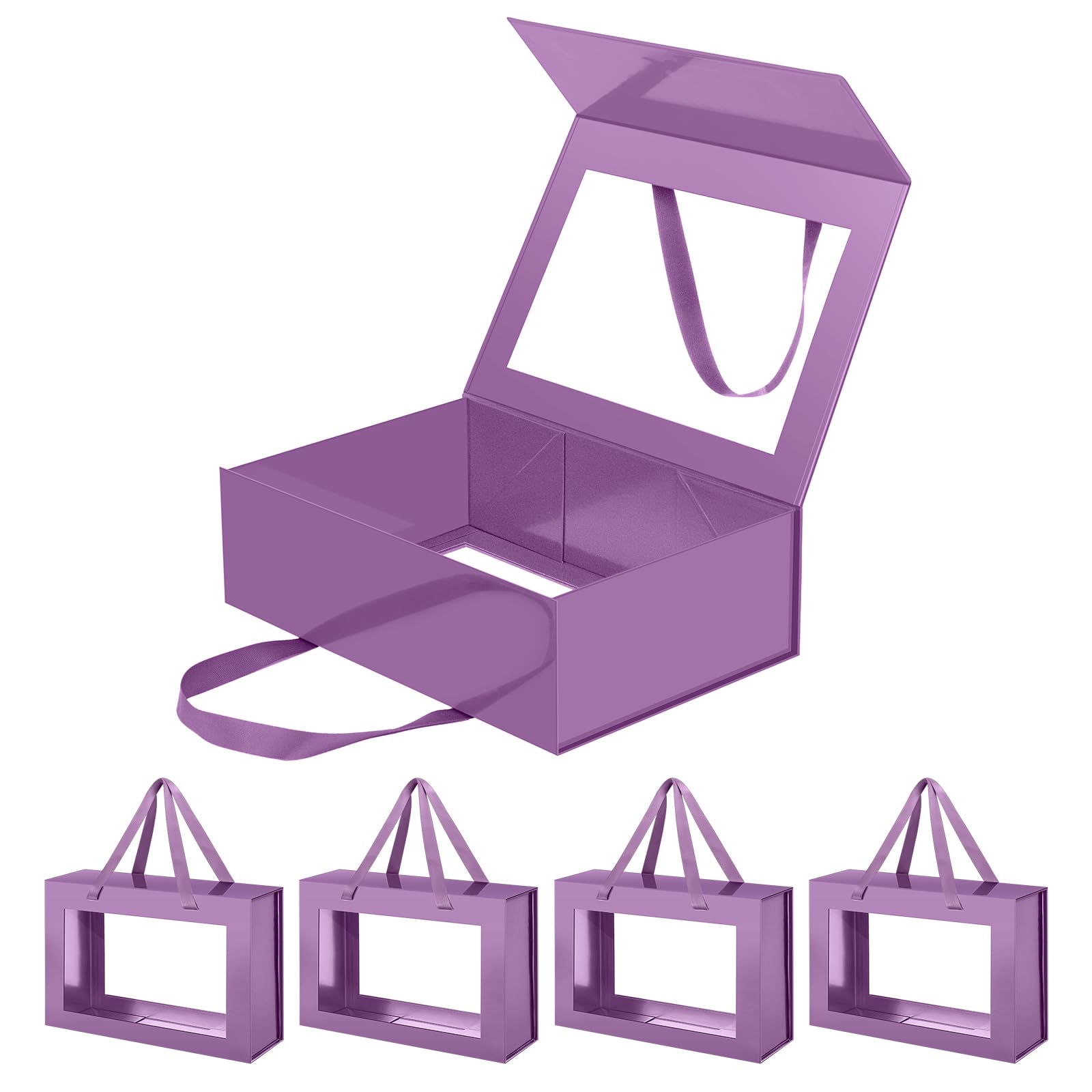 JINGUAN Large Purple Clear Gift Boxes, 13.5x9x4.1 Inches Gift Boxes with Windows by Handles, Bridesmaid Proposal Boxes, Collapsible Gift Box with Magnetic Closure (Glossy Purple, 5 Pack) Image