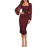 Aisbei Women's Sexy Ruched Bodycon Midi Dress Long Puff Sleeve Square Neck Mesh Cocktail Party Wedding Dresses