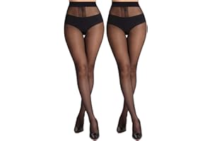 MERYLURE 20D Sheer Black Tights for Women, T-Crotch Ultra Thin Pantyhose High Waist Stockings Reinforced Toes 2 Pairs
