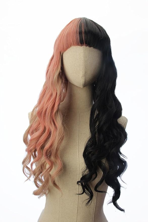 Women's Half Black and Pink Wigs Long Slightly Wavy Cosplay
