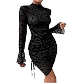 Floerns Women's Geo Drawstring Long Sleeve Mini Dress Mock Neck Sheer Mesh Bodycon Dress
